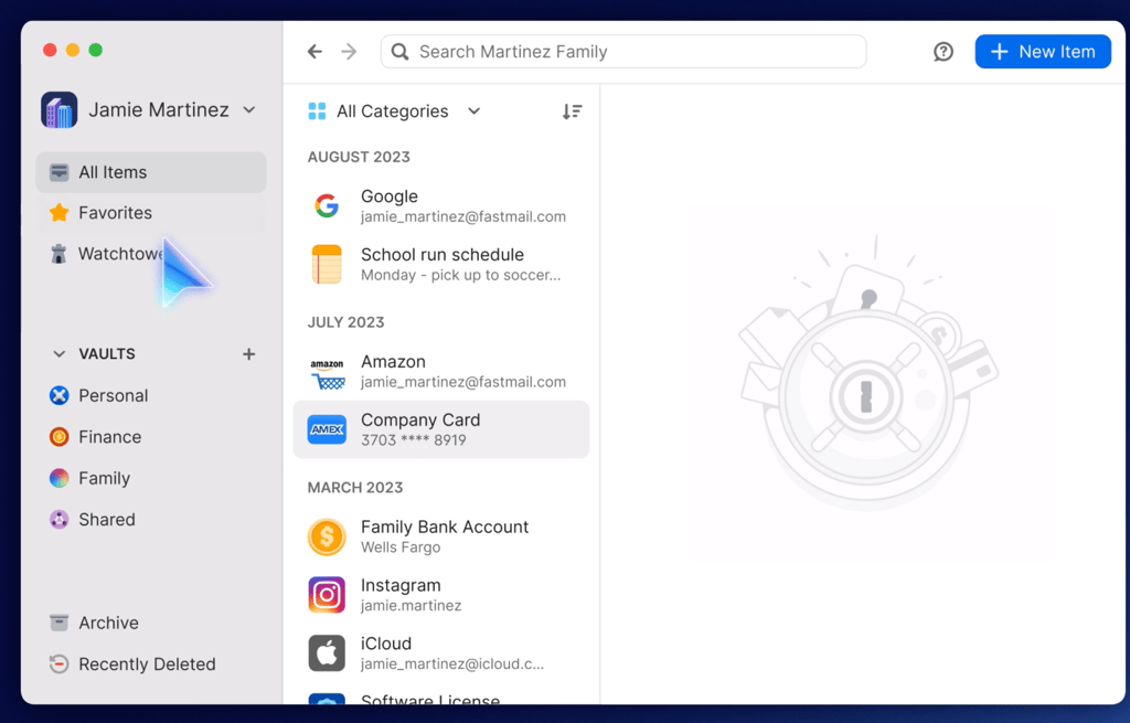 Example of 1Password’s secure password vault. These vaults make it easy to stay organized and quickly share credentials with team members when needed.