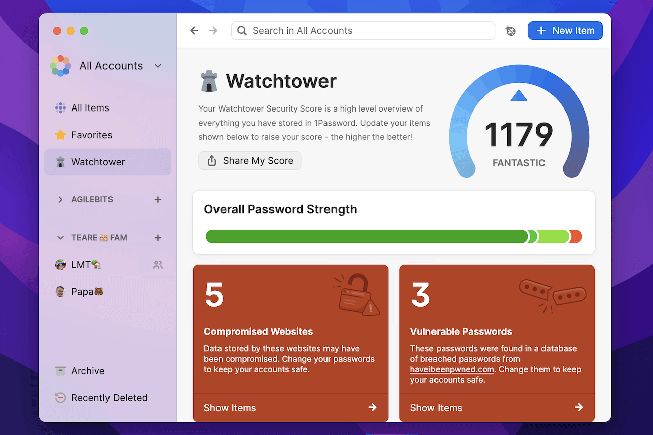 1Password’s Watchtower dashboard helps admins manage security without overwhelming them with technical features. The shareable security score is an excellent way to help all team members and business leaders understand your current security posture.