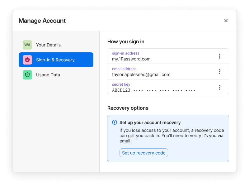 1Password offers seamless data recovery through recovery codes.