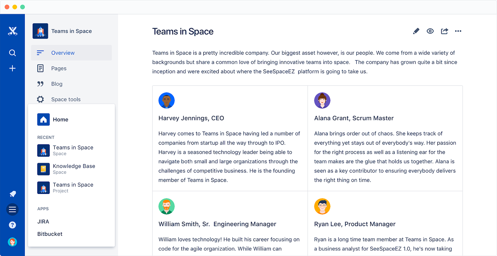 Confluence provides you with a team space to make all information accessible.