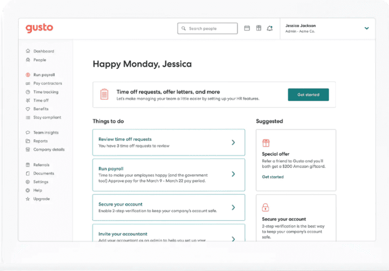 Gusto’s dashboard showing various HR activities