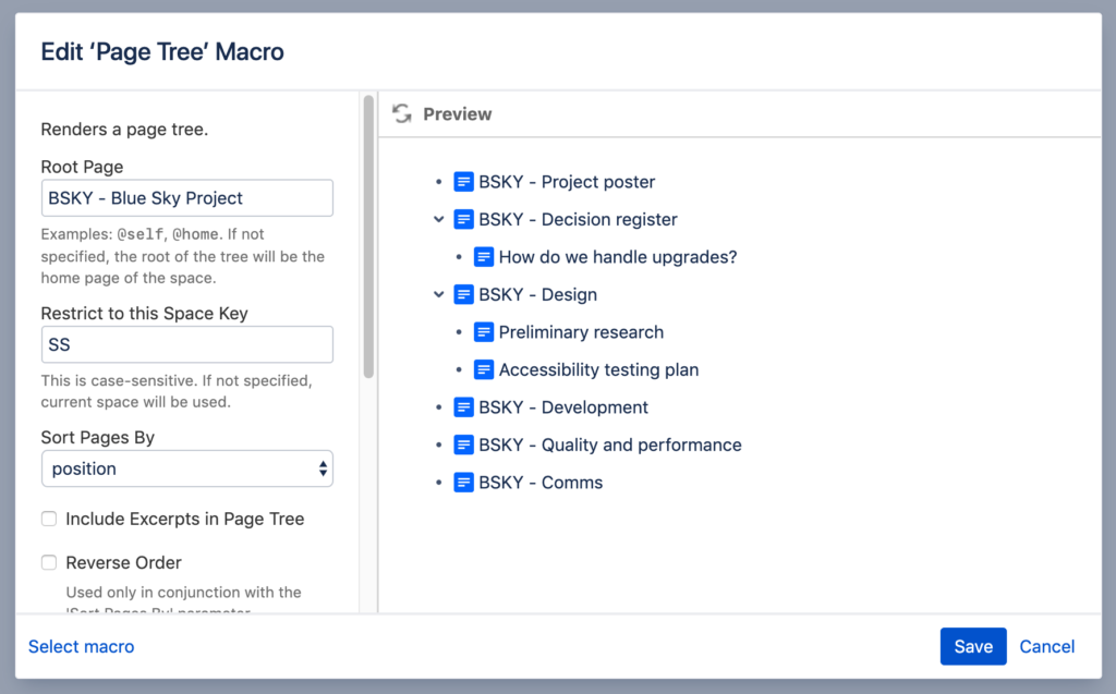 The Page Tree macro feature is a simple but effective way to keep multiple pages and datasets separated but logically connected.