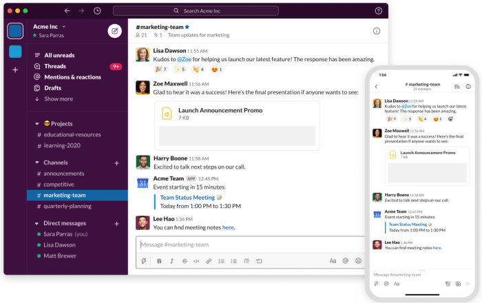 Example of Slack’s chat functionality, complete with a mobile app option.