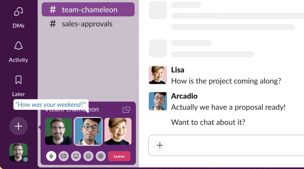 Slack users can start huddle calls within different channels; depending on preference, they can be audio-only or video calls with drawing and other collaborative features.