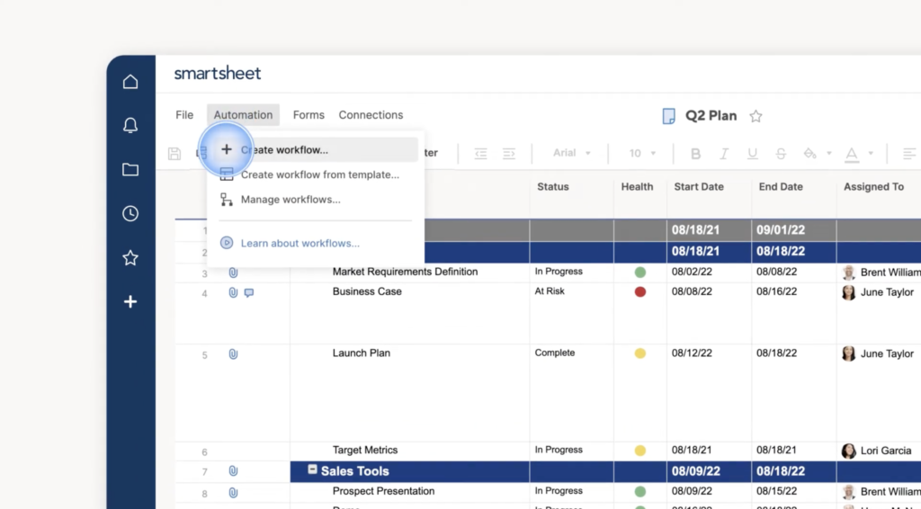 Smartsheet allows you to replace manual, repetitive tasks with automated workflows. Create customizable workflow automations like assign tasks to teammates, alert team channels of significant changes, and more.