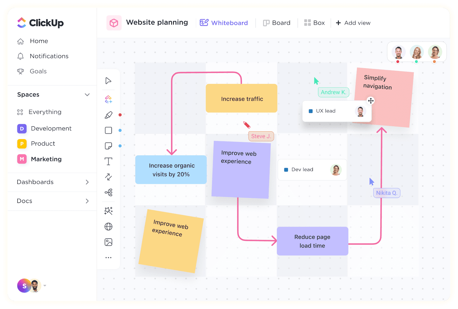 ClickUp’s Whiteboard feature helps users creatively brainstorm with sticky notes and other thought-provoking elements. Even in this less-structured part of the ClickUp app, users can easily see who is working on what parts of the whiteboard and what their contributions are.