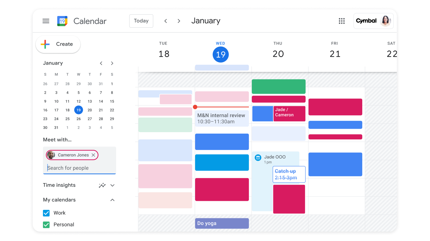 Google Workspace users can look at their own calendar and then, depending on their account type, overlay other users’ calendars so they can determine when their availability aligns for a meeting.