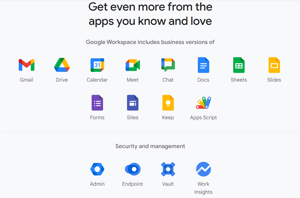 Like Microsoft 365, Google Workspace business accounts include a wide range of production and productivity apps as well as several security, privacy, and admin features.