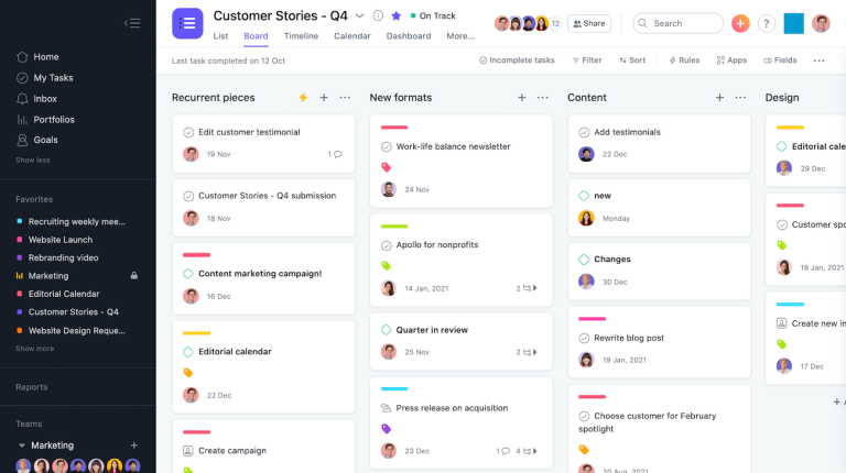 Asana’s kanban-inspired Board view, organizing deliverables by type.