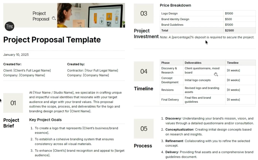 Branded project proposal document with sections for project brief, key goals, timeline phases, process steps, and a detailed price breakdown table.