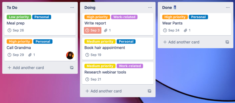 Trello’s familiar kanban approach shows key details on each card.