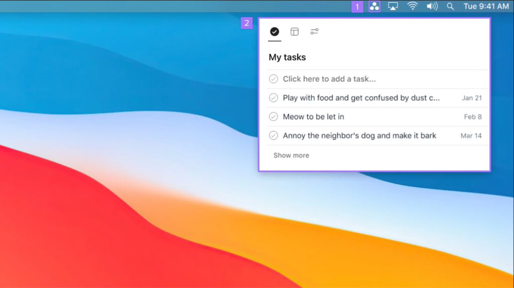 From your Mac desktop, a clickable Asana icon will appear and allow you to handle some basic task management work without even entering the app.