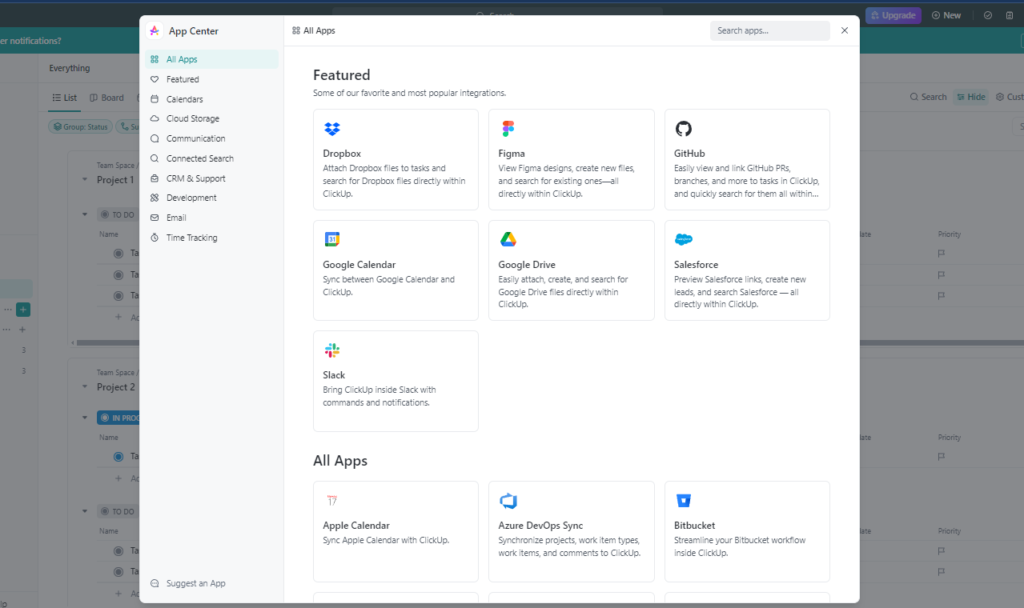 ClickUp’s App Center integrations cover a lot of ground and are available to web and Mac app users.