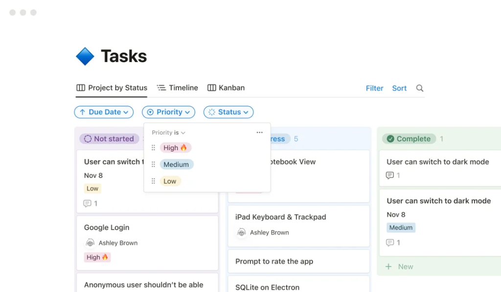 Example of a Kanban-style task board, with customizable workflow statuses.