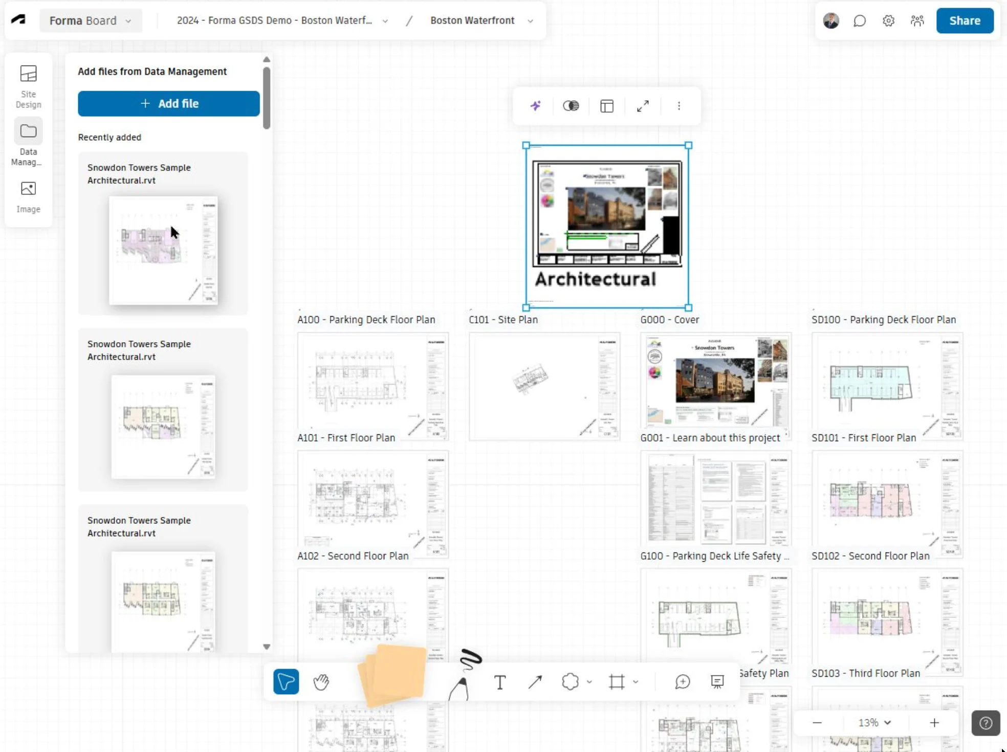 Autodesk Forma Board with architectural drawings and project files arranged on a shared digital canvas