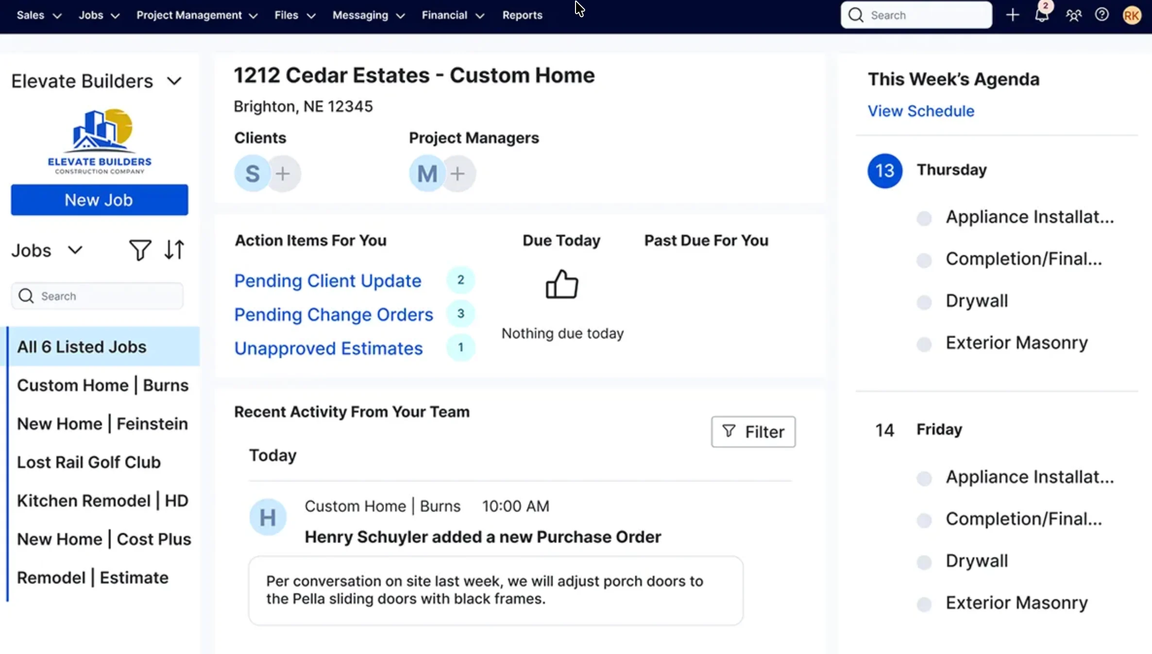Buildertrend job dashboard with client details, pending action items, recent activity, and a weekly schedule