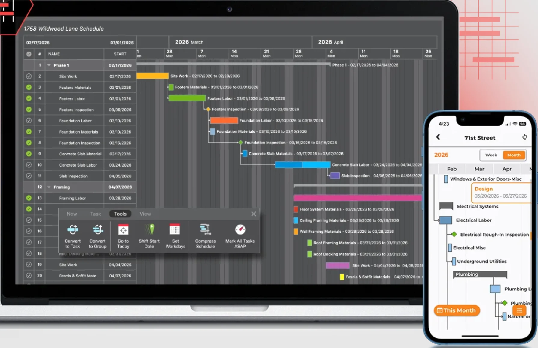 ConstructionOnline Gantt chart with construction phases, task dependencies, milestones, and a mobile schedule view