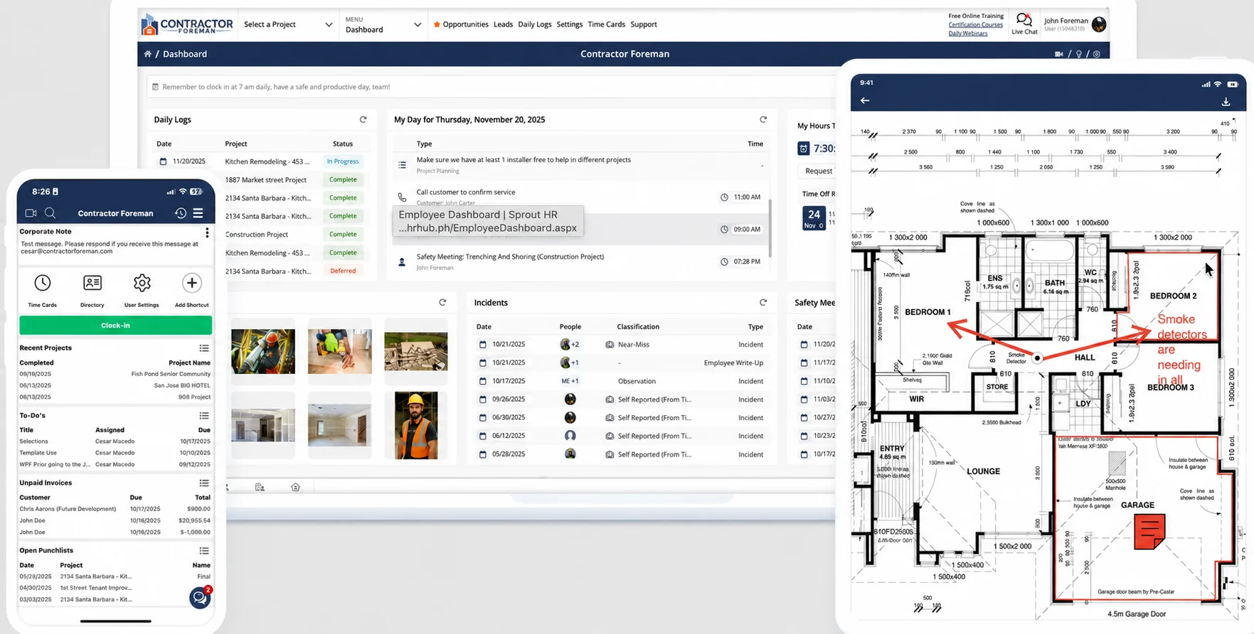 Contractor Foreman dashboard with daily logs, incident records, mobile timecards, and an annotated floor plan