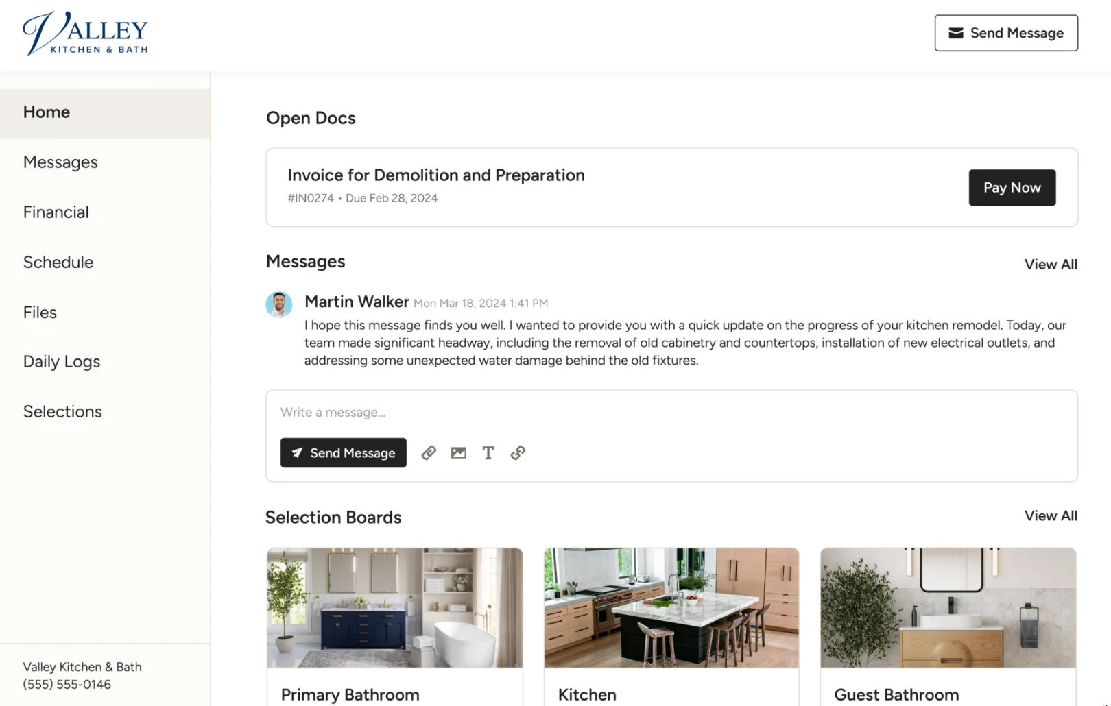 Houzz Pro client portal with an invoice, project messages, navigation menu, and bathroom selection boards