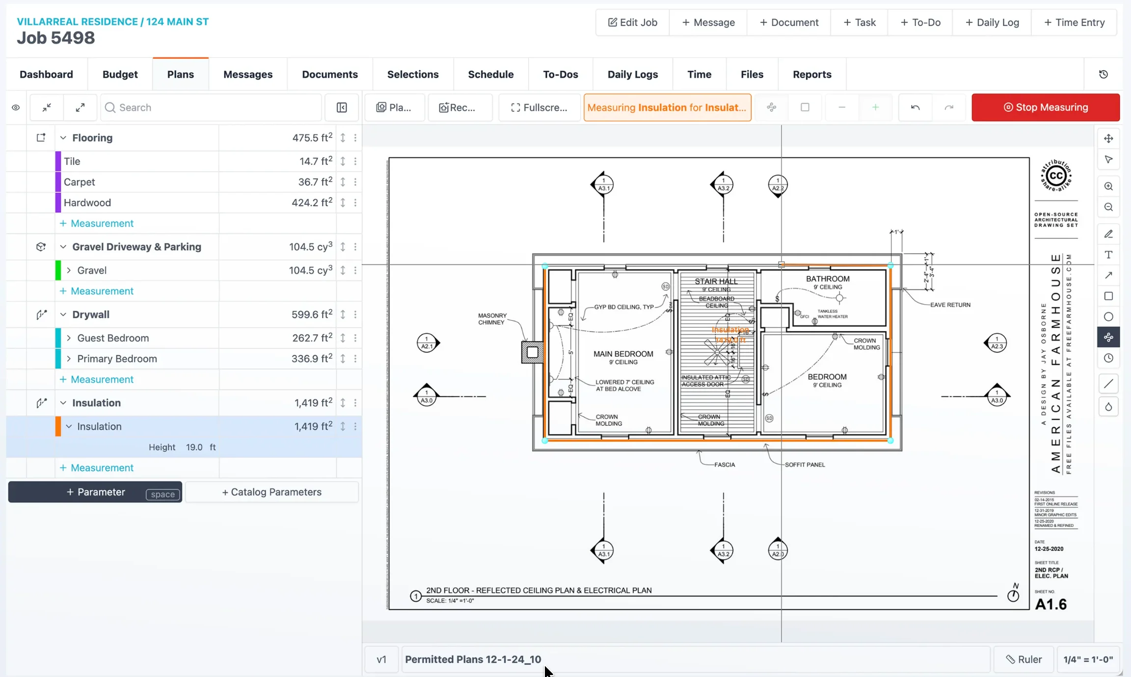 JobTread takeoff board measuring insulation areas and material quantities on a residential floor plan