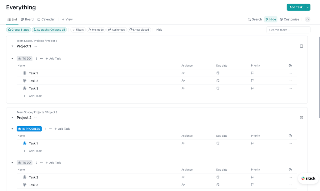 Clickup project management software table view.