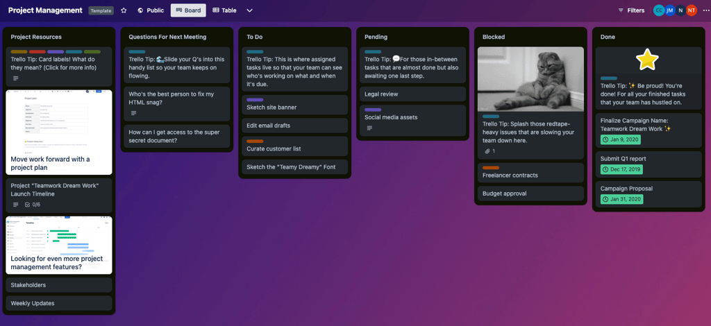 Trello project management software board view.
