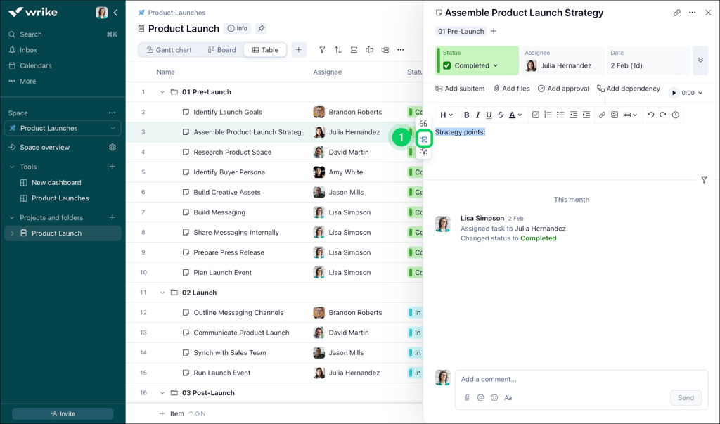 Wrike task management interface showing a product launch project with assigned tasks, statuses, and a task details panel displaying comments and updates.