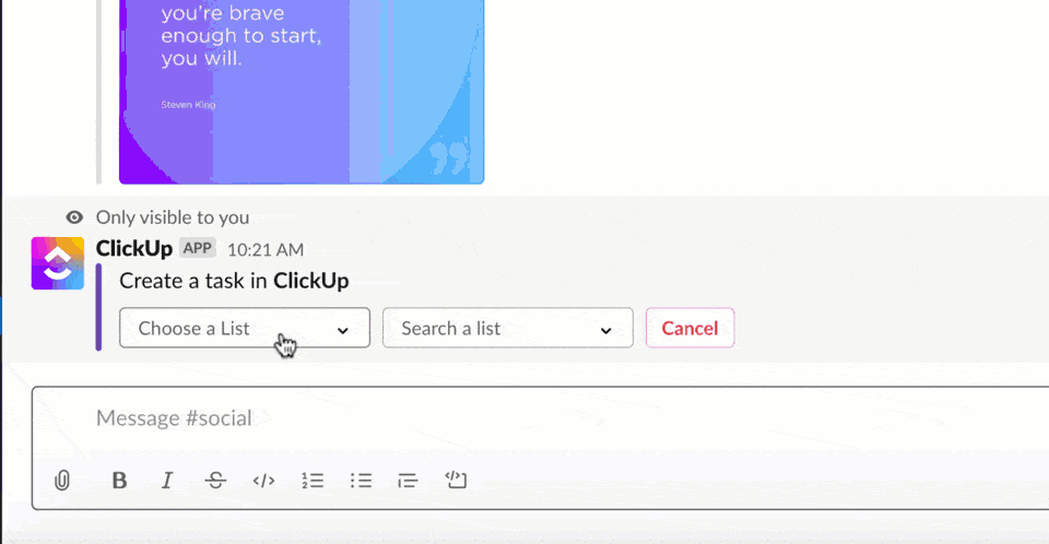 ClickUp integration with Slack allows users to create ClickUp tasks from Slack chats.