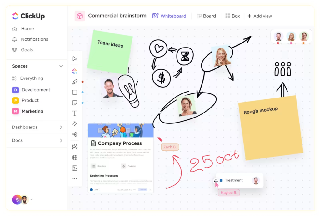 Whiteboard –one of ClickUp’s versatile views for project collaboration.