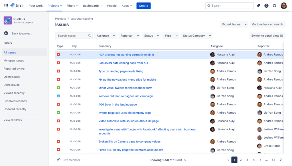 Jira’s issue tracking template for software development.