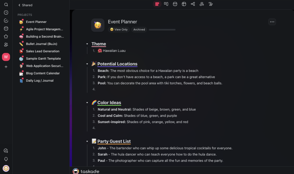 Event management template in Taskade.