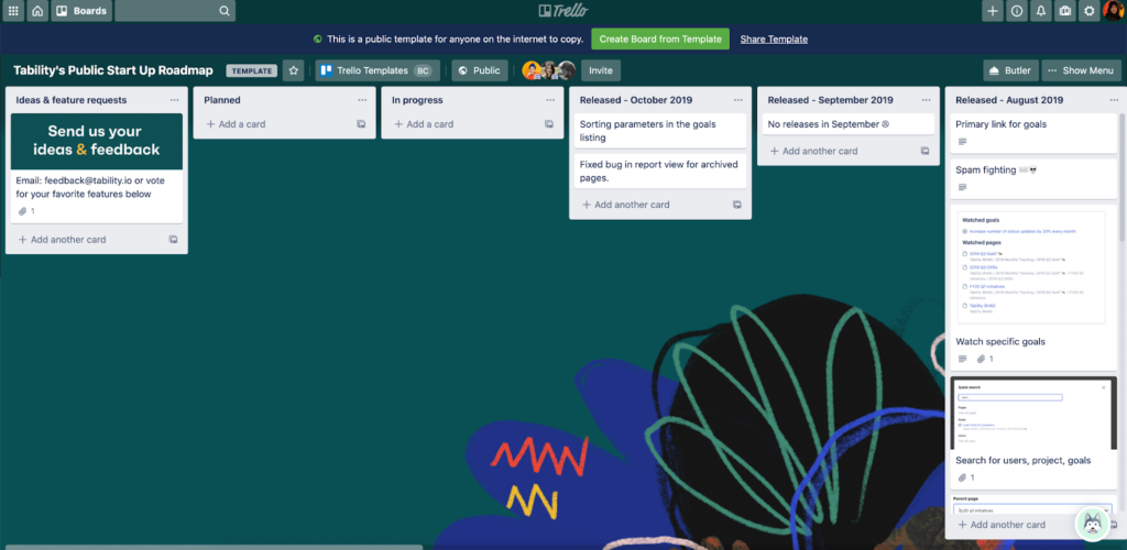 Public Roadmap, an example of a Trello template that can be useful for planning and stakeholder management.