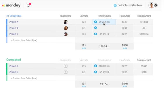 Time tracking in monday.com.