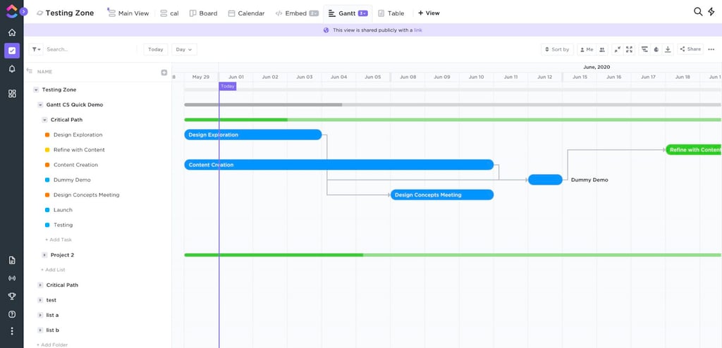 A Gantt chart in ClickUp.