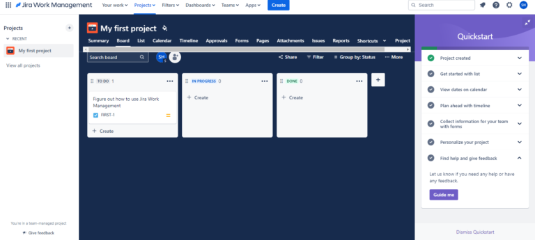 Upon first logging into my new Jira account, I was impressed with the interface but overwhelmed by all of my options listed at the top: Summary, Board, List, Calendar, Timeline, Approvals, Forms, Pages, Attachments, Issues, Reports, and Shortcuts.