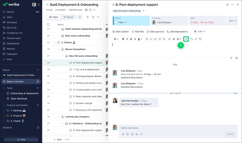 A Wrike workspace for a project titled “SaaS Deployment & Onboarding” shows a selected task named “Post-deployment support.” The right panel displays task status, assignee, dates, subitems, and a collaborative comment thread with updates from team members. The left panel includes navigation for folders, tasks, and spaces.