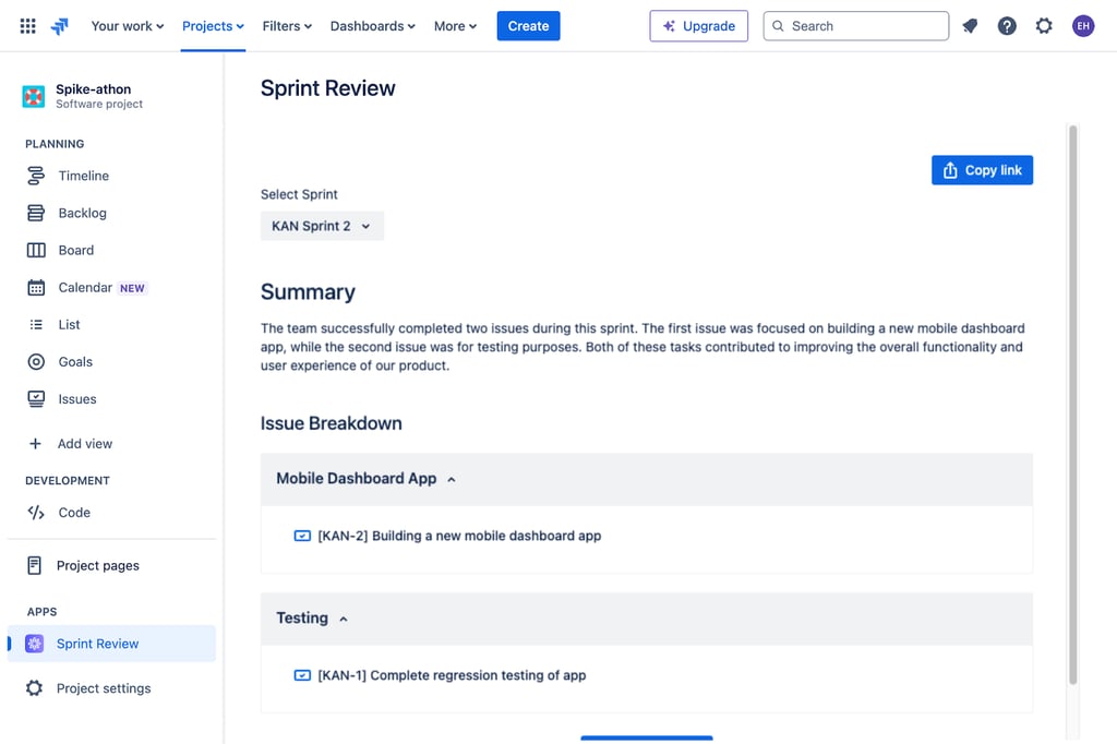 A Jira interface from the “Spike-athon” project shows a Sprint Review page for “KAN Sprint 2.” The screen includes a summary of completed tasks and an issue breakdown categorized under “Mobile Dashboard App” and “Testing,” with Jira issue keys like [KAN-2] and [KAN-1]