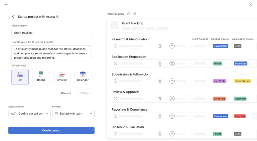 Asana AI project setup interface for ‘Grant tracking’, showing project views and a detailed table.