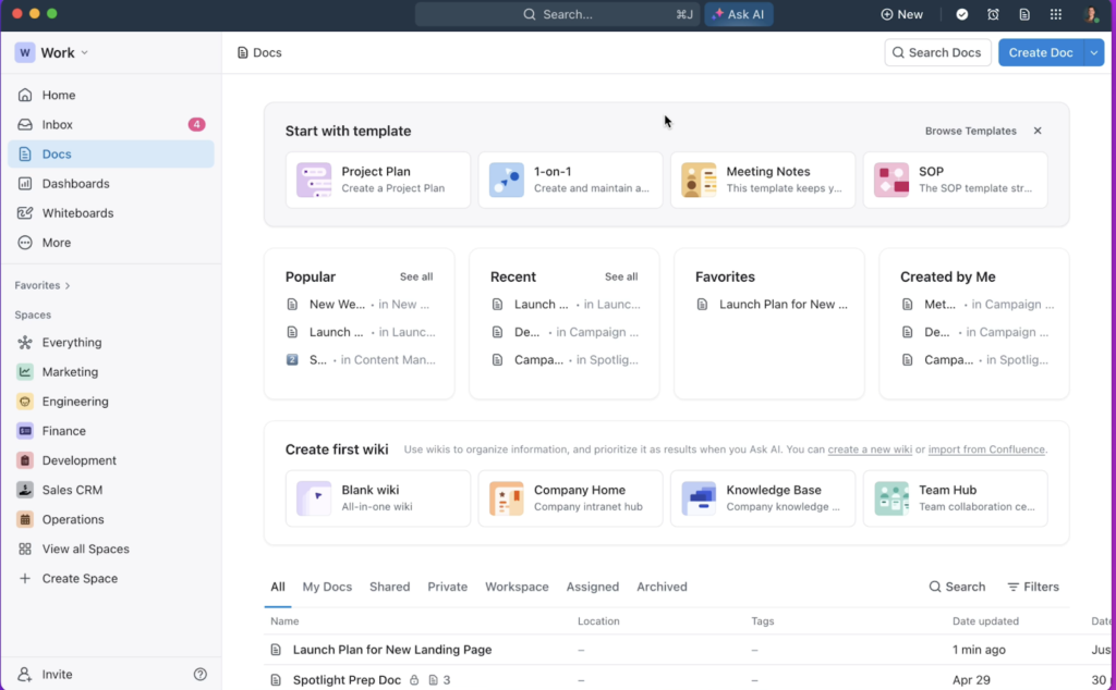 ClickUp Docs dashboard with templates, recent files, and workspace navigation.