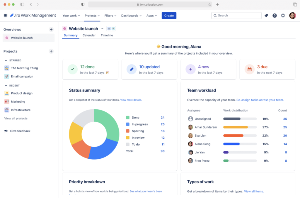 Jira Work Management dashboard showing project summary, team workload, and status charts.