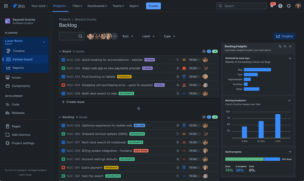 Jira backlog board in dark mode with task list, issue types, and sprint progress insights.