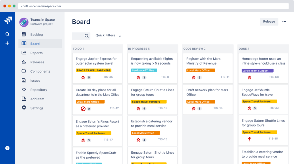 Jira scrum board showing task columns for to-do, in progress, code review, and done.