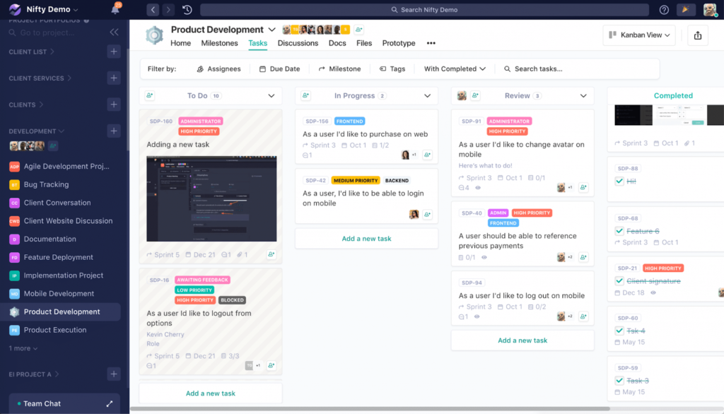 Nifty task board showing product development workflow in Kanban view.