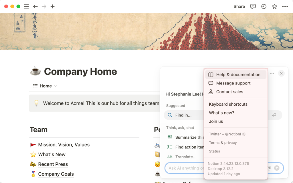 Notion company home dashboard with team sections and help menu open.