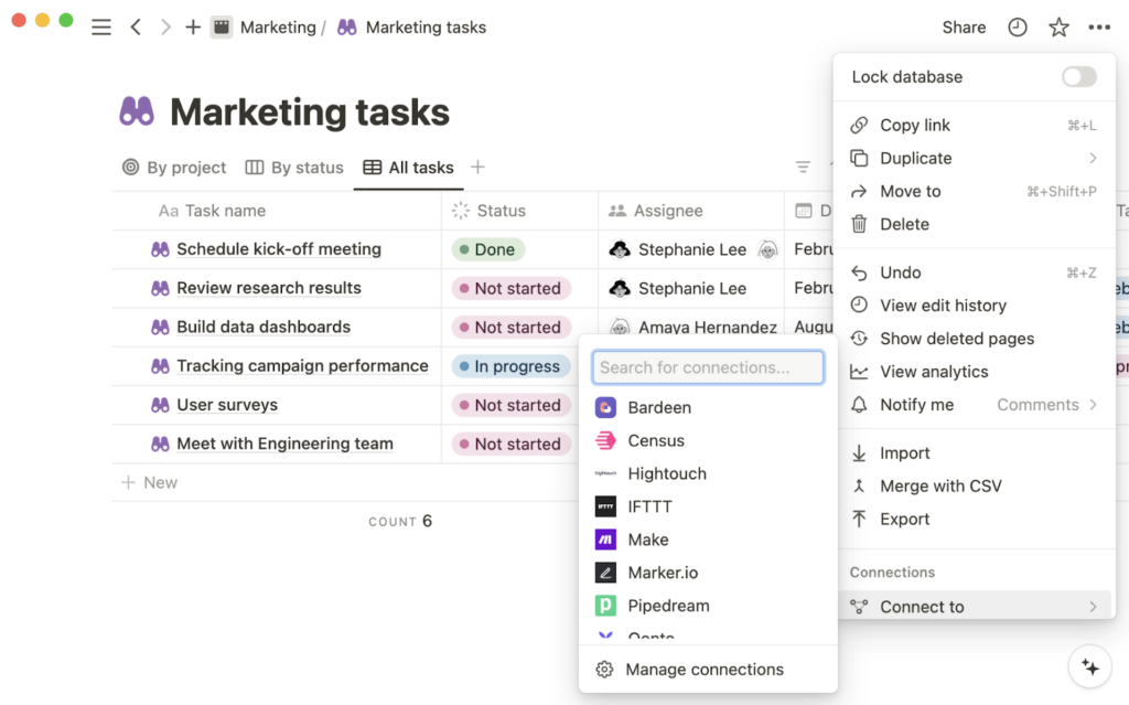 Notion database showing marketing tasks with statuses, assignees, and integrations.