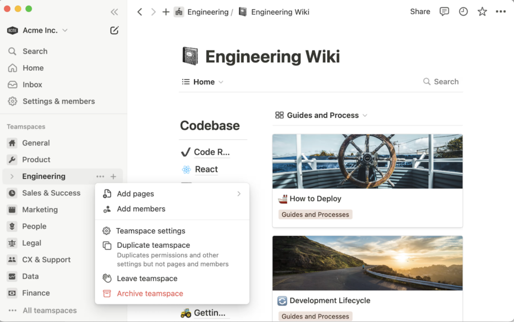 Notion wiki for engineering with guides, processes, and teamspace settings.