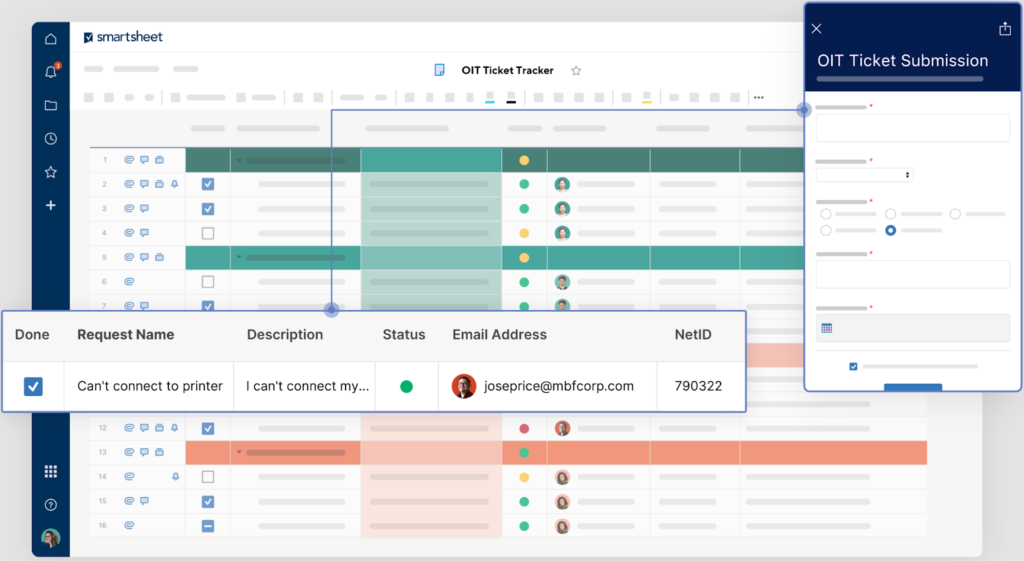 Smartsheet ticket tracker with form submission and task details pop-up.