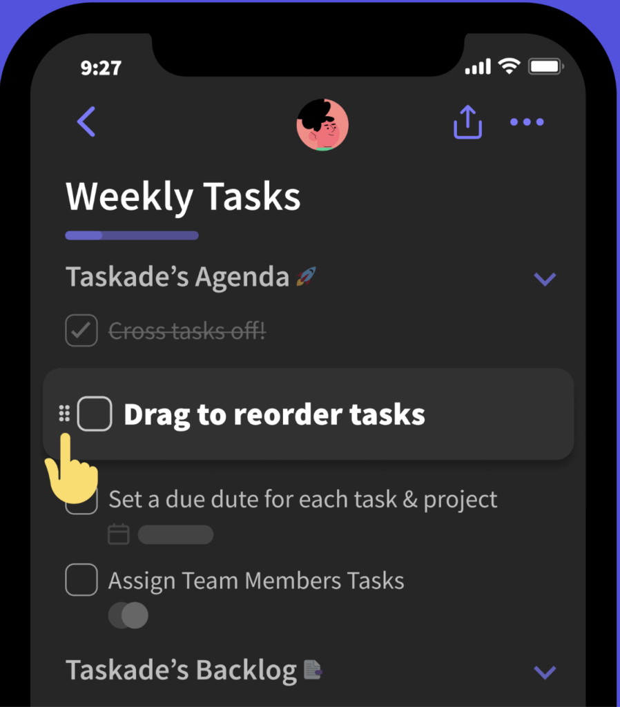 Taskade mobile view showing weekly task list with drag-to-reorder option.
