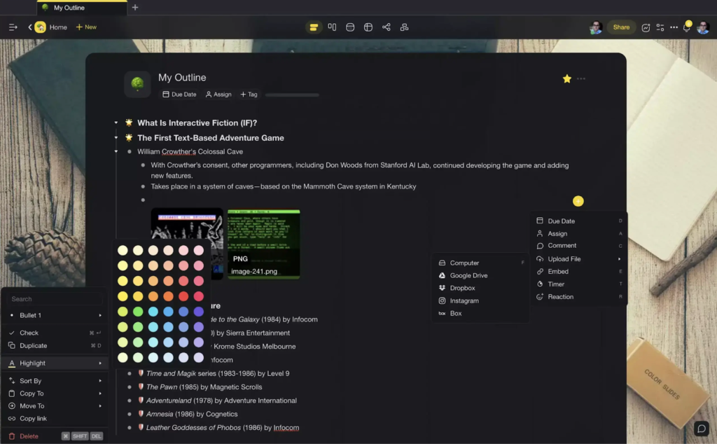 Taskade outline editor with bullet list, color palette, and file upload options.