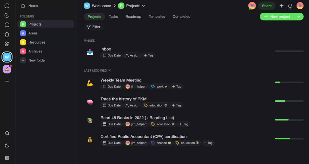 Taskade project dashboard in dark mode with folders, task labels, and due dates.